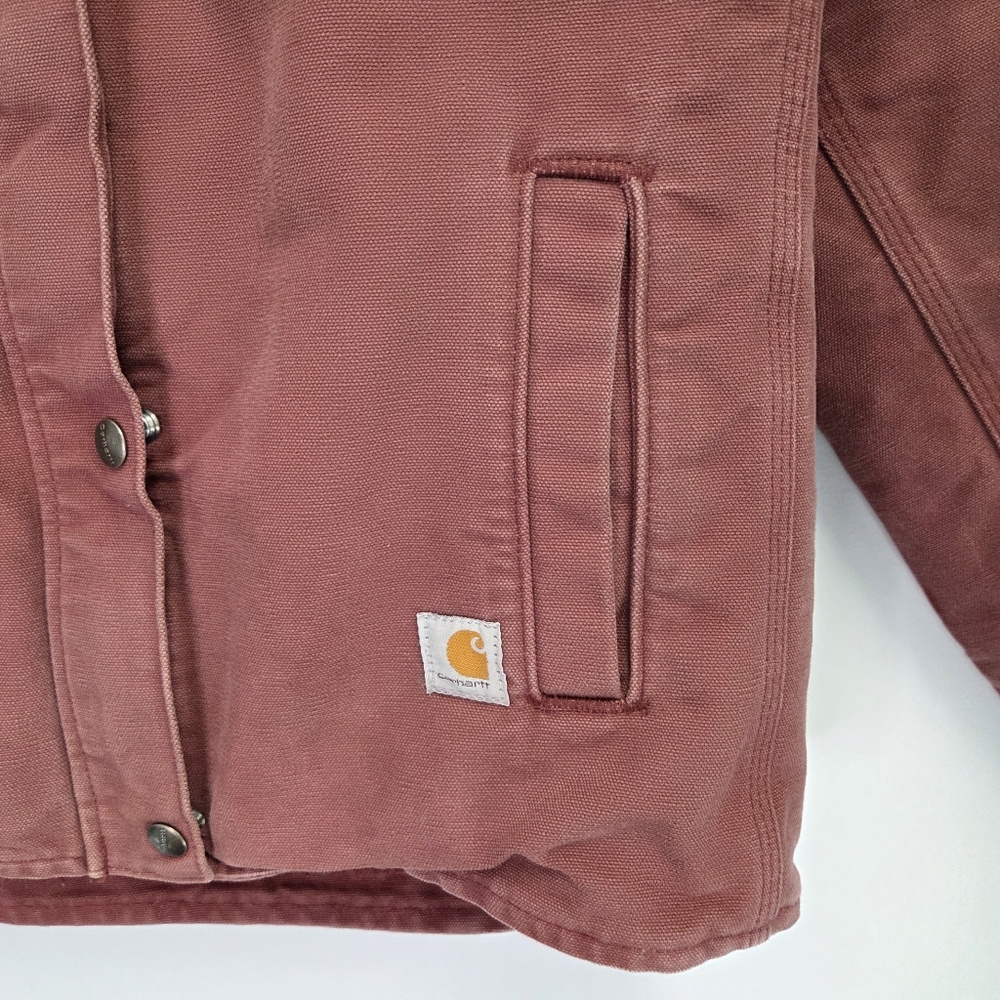 Y2K Carhartt Womens Sandstone Pink/Red Sherpa Lined Canvas Jacket Size Medium - Picture 5 of 7